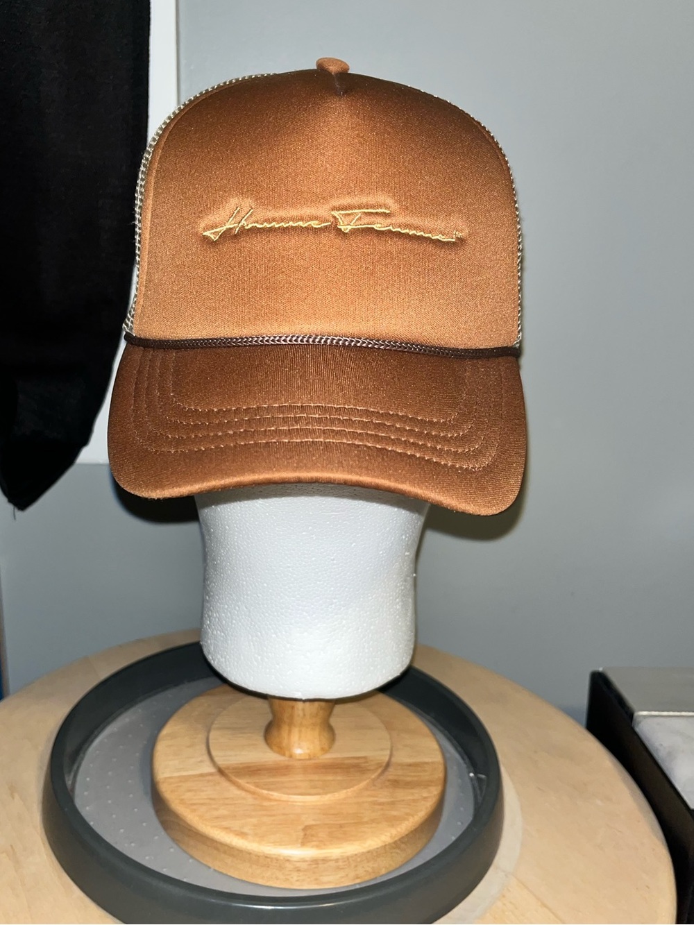 Homme + Femme Script Pin Cap Brown & Gold 5 Panel Classic Rope Trucker Hat